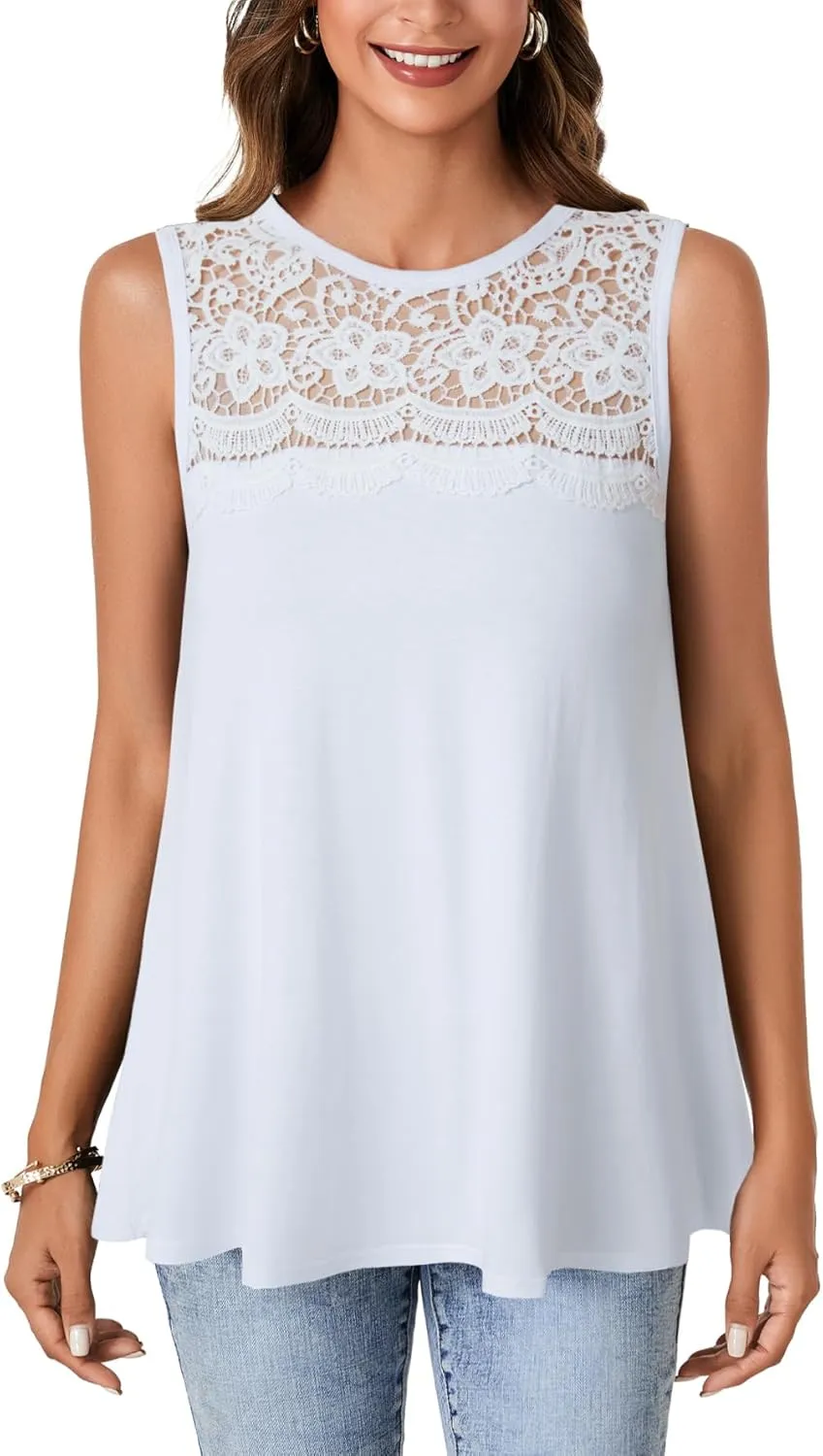 LYANER Women's Summer Tops Lace Crew Neck Sleeveless Tunic Shirts Casual Loose Flowy Blouses Tank Top