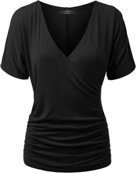 Made By Johnny Women's V Neck Short Sleeve Wrap Front Drape Dolman Tunic Top