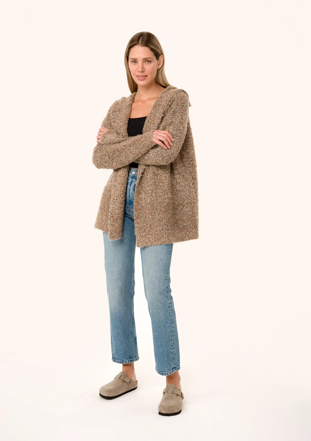 Marbled Boucle Long Sleeve Hooded Cardigan