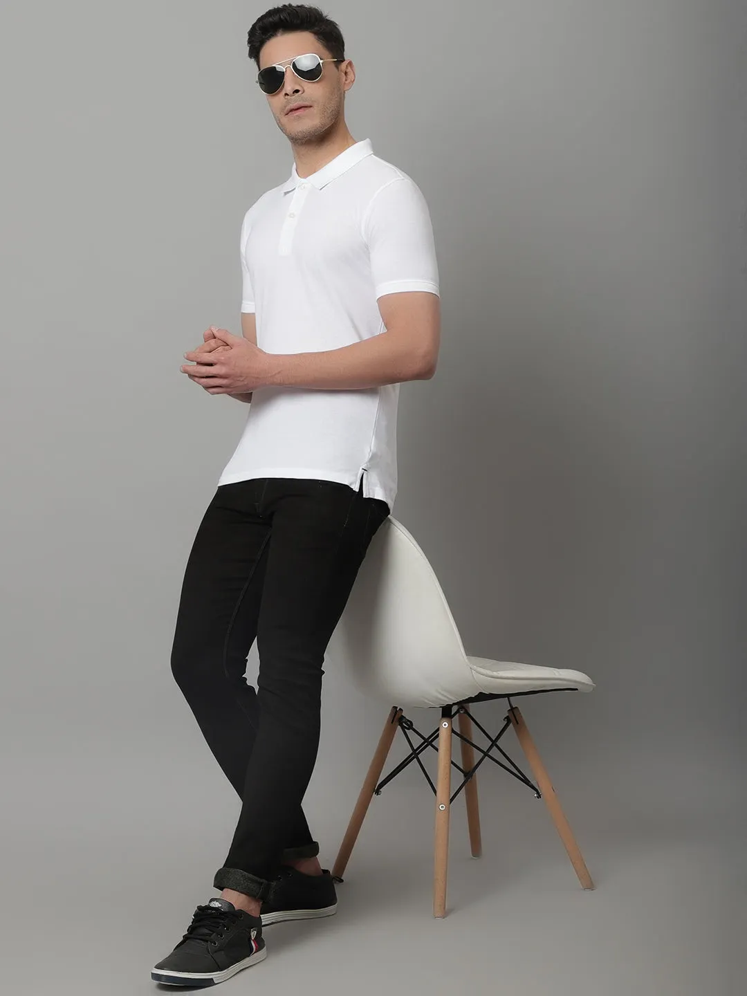 Men White Casual Half Sleeves Polo Neck T-Shirt