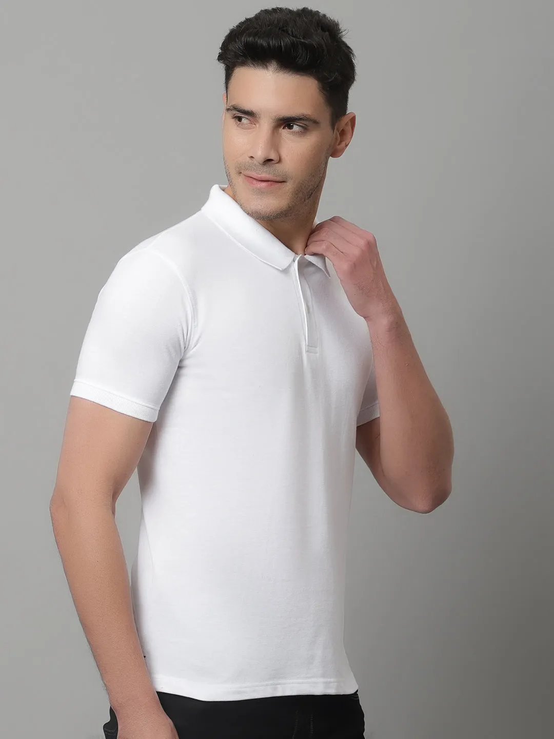 Men White Casual Half Sleeves Polo Neck T-Shirt