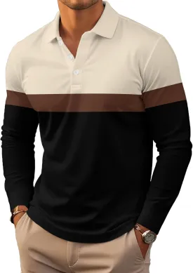 Mens Fashion Long Sleeve Polo Shirts Casual Golf Shirts Color Block Cotton Top