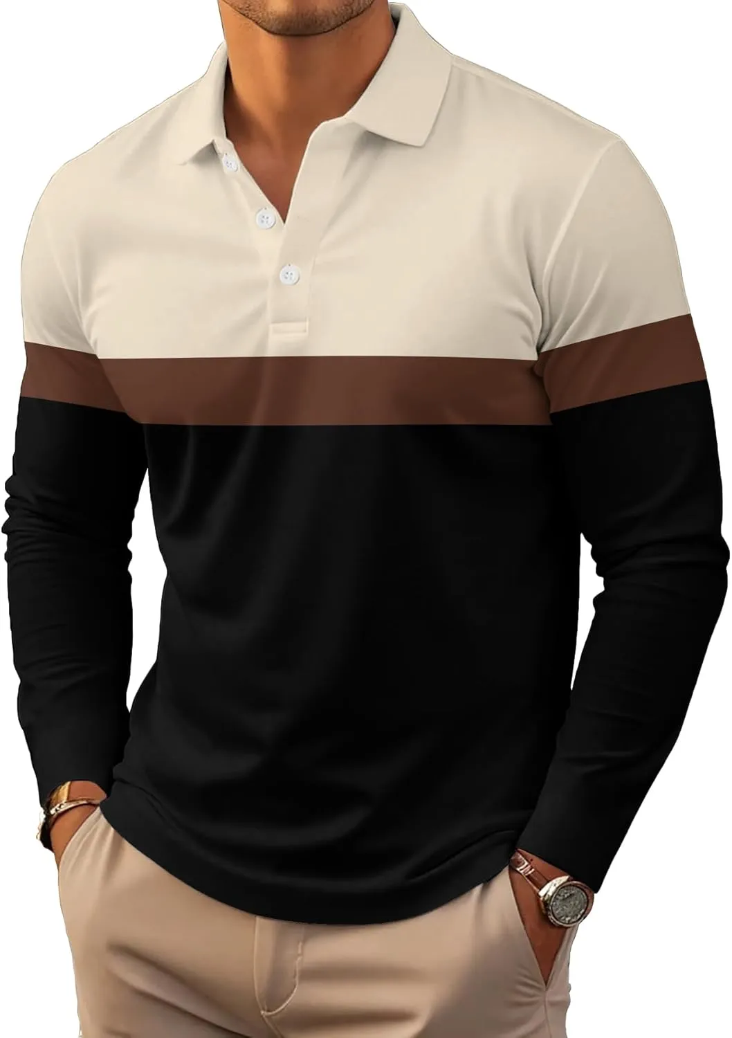 Mens Fashion Long Sleeve Polo Shirts Casual Golf Shirts Color Block Cotton Top
