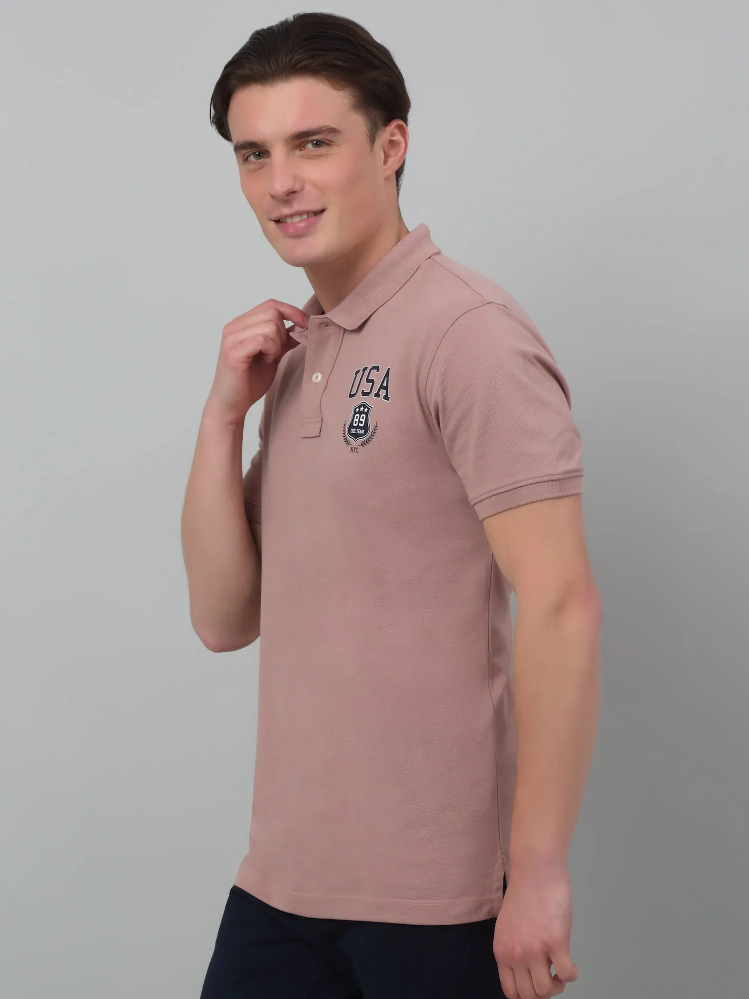Men's Light Mauve Polo neck Half Sleeve T-Shirt with chest print