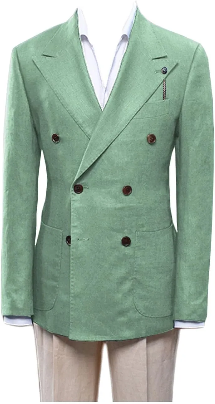 Men's Linen Blazer Double Breasted Peak Lapel Slim Fit Lightweight Jacket Evening Party Business