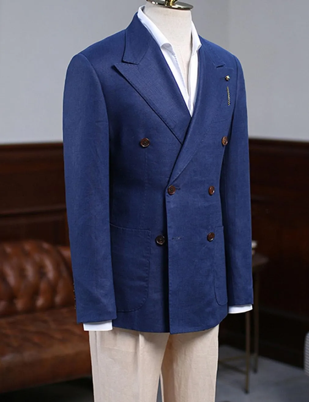 Men's Linen Blazer Double Breasted Peak Lapel Slim Fit Lightweight Jacket Evening Party Business