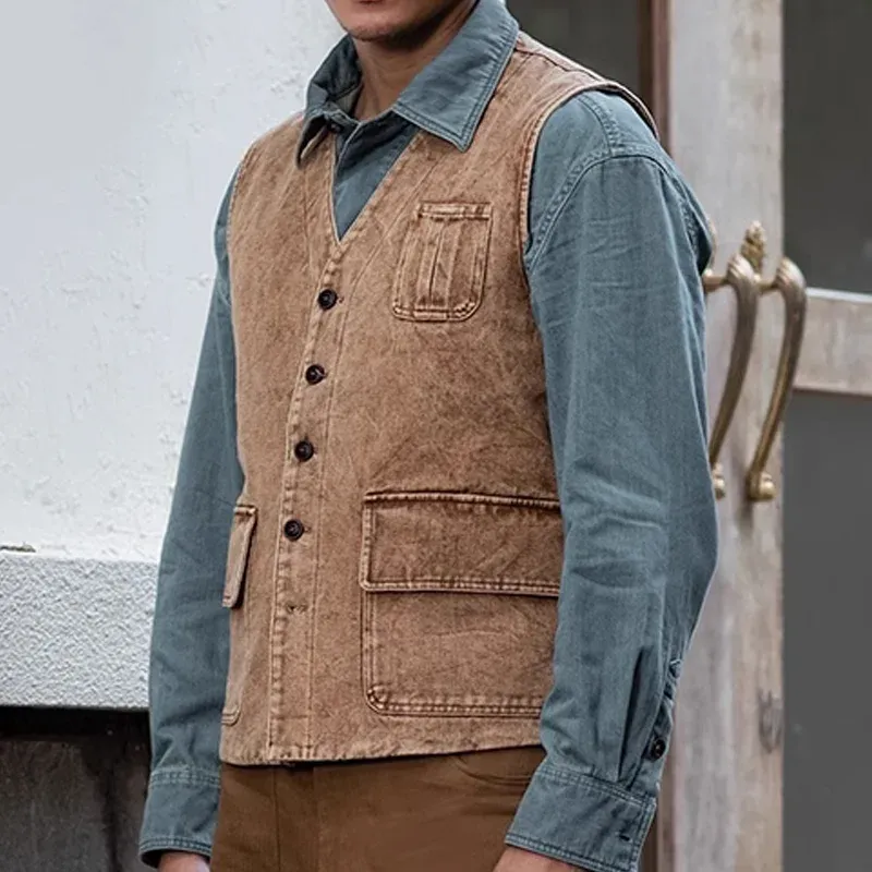 Men's Retro Washed Single-Breasted Denim Vest 35391949Y