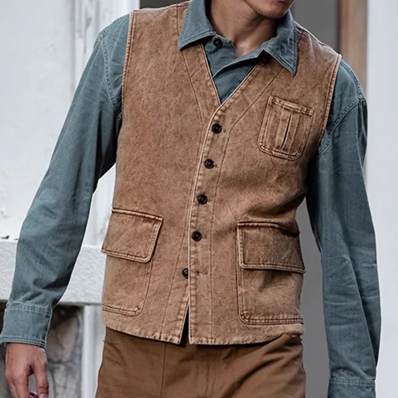 Men's Retro Washed Single-Breasted Denim Vest 35391949Y