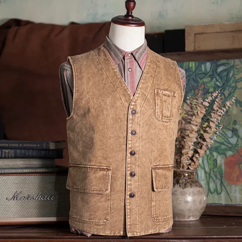 Men's Retro Washed Single-Breasted Denim Vest 35391949Y