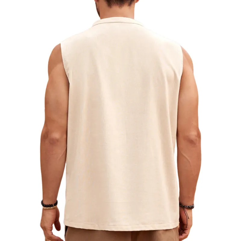 Men's Simple Casual Loose Apricot V-neck Cotton Tank Top 26053152U
