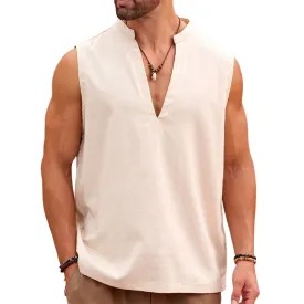 Men's Simple Casual Loose Apricot V-neck Cotton Tank Top 26053152U