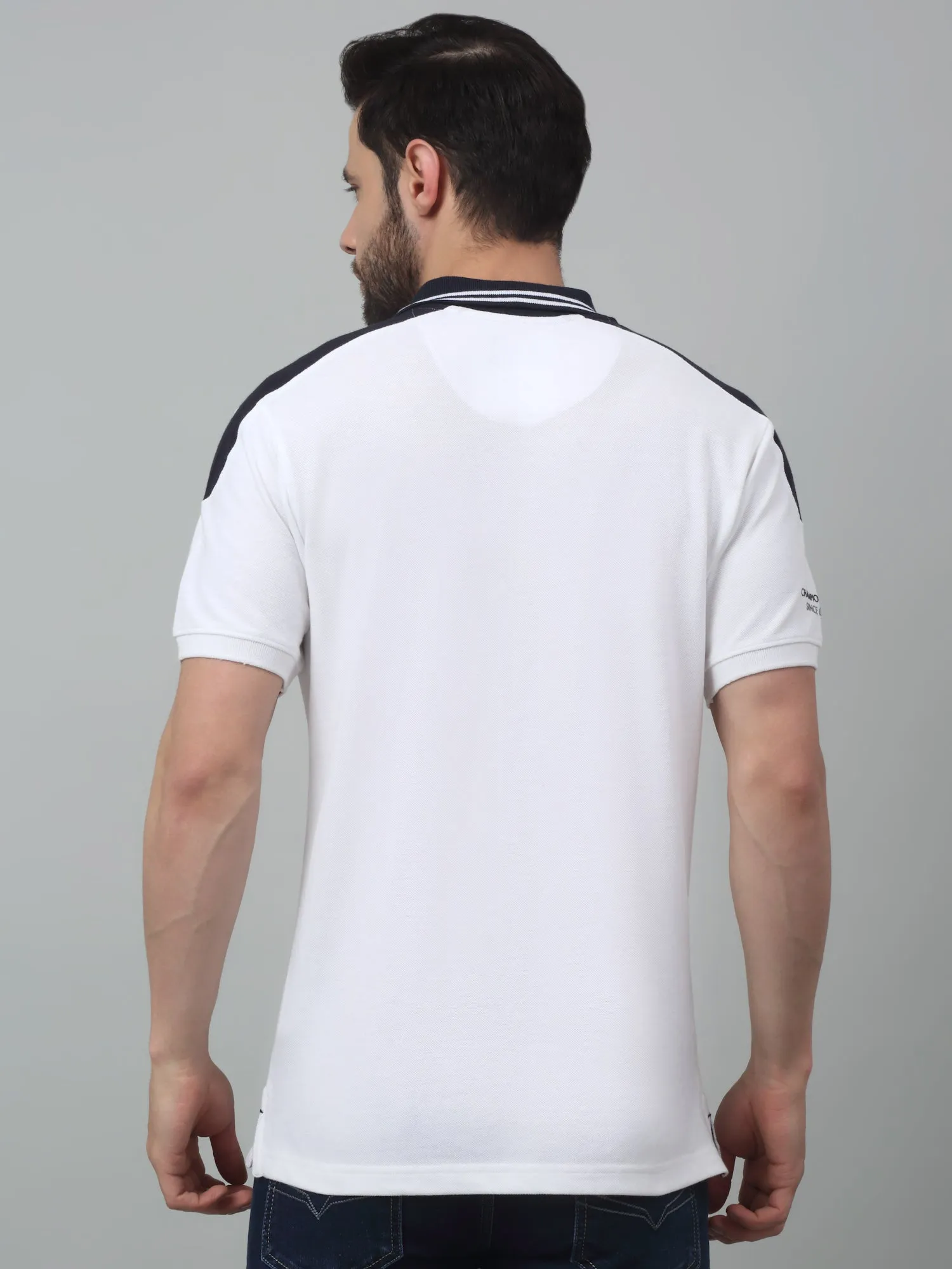 Men's White  Polo neck Half Sleeve T-Shirt with Contrast shoulder panel