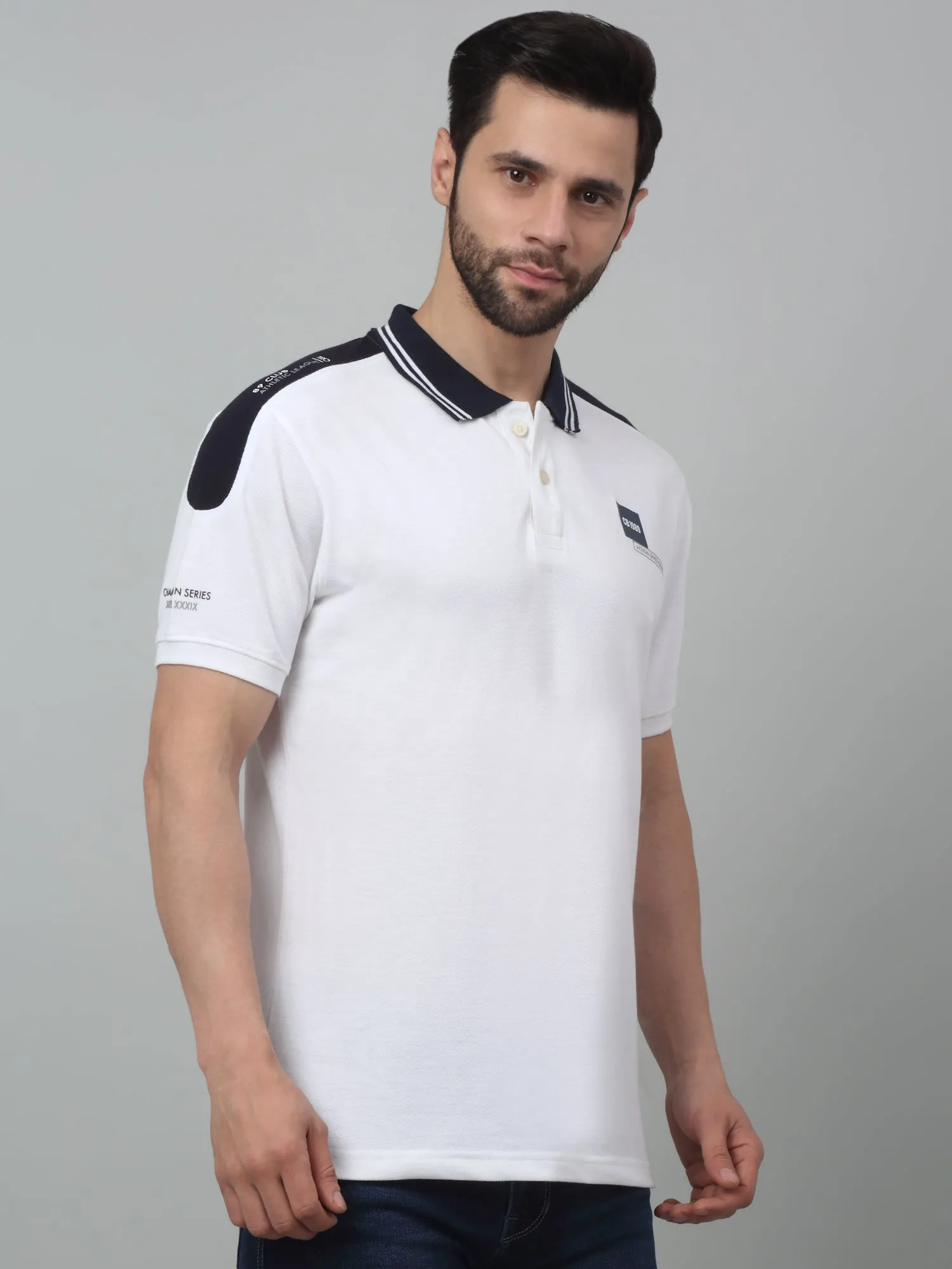 Men's White  Polo neck Half Sleeve T-Shirt with Contrast shoulder panel