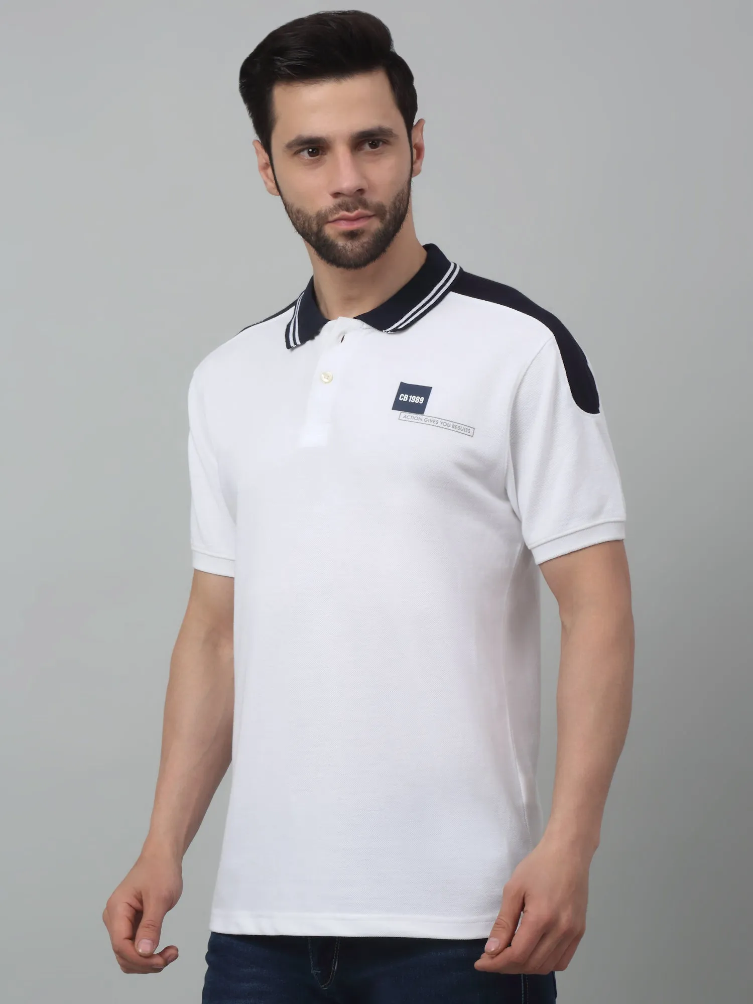 Men's White  Polo neck Half Sleeve T-Shirt with Contrast shoulder panel
