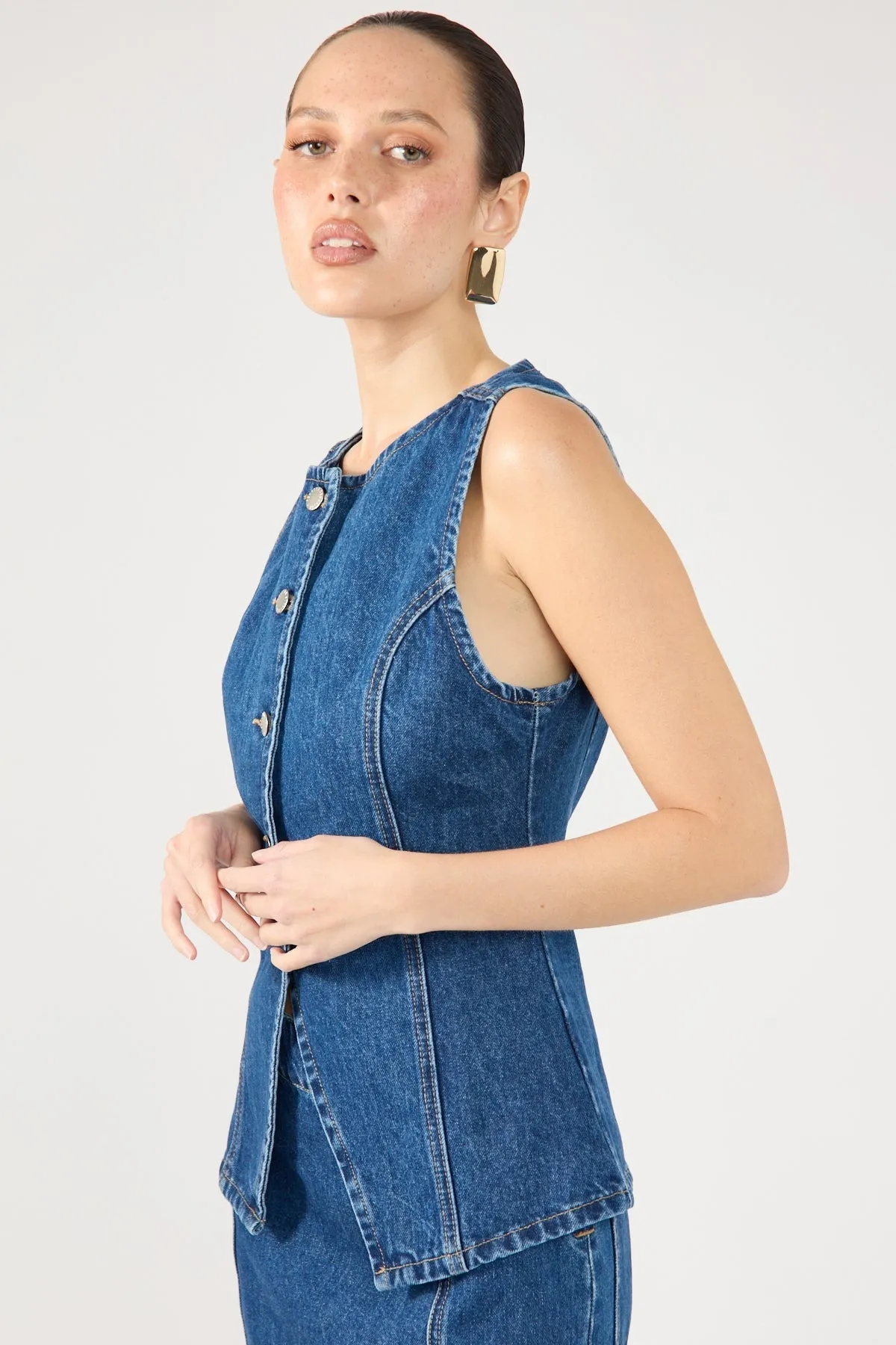 Mid Blue Denim Button-Up Vest
