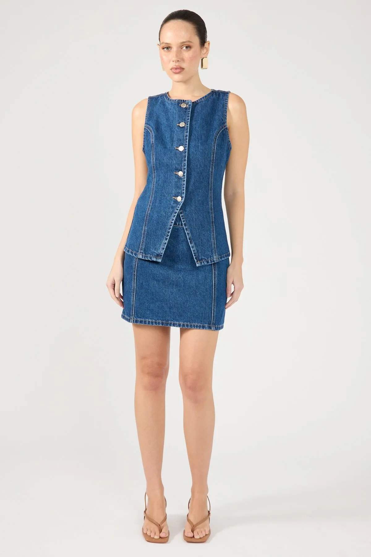 Mid Blue Denim Button-Up Vest