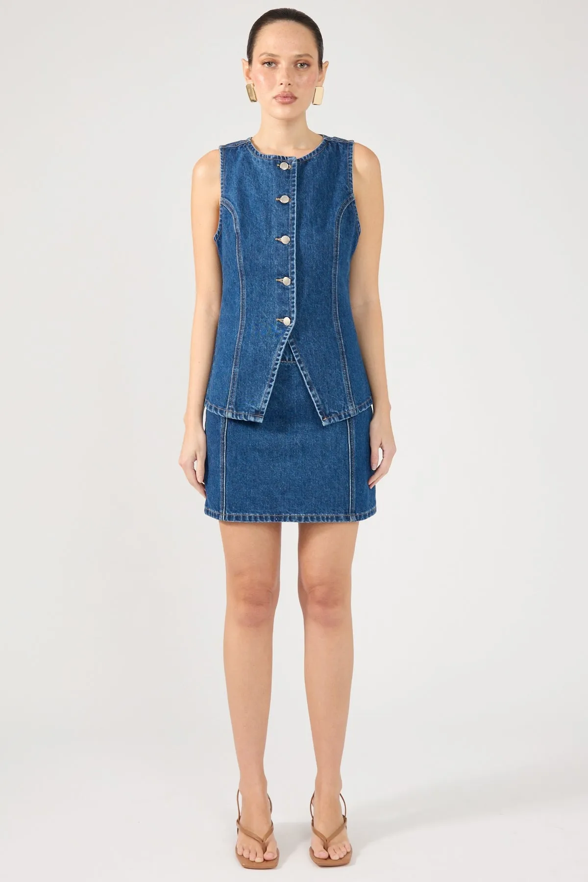 Mid Blue Denim Button-Up Vest
