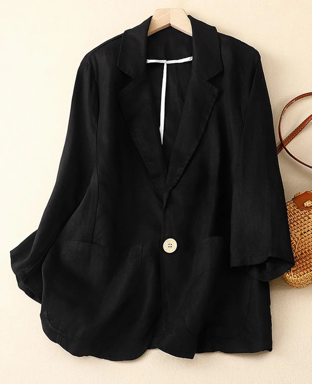 MINTLIMIT Womens Linen Blazer Summer 3/4 Sleeve Notch Lapel Work Office Suit Casual Button Blazers Jackets with Pockets