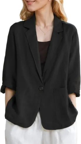 MINTLIMIT Womens Linen Blazer Summer 3/4 Sleeve Notch Lapel Work Office Suit Casual Button Blazers Jackets with Pockets