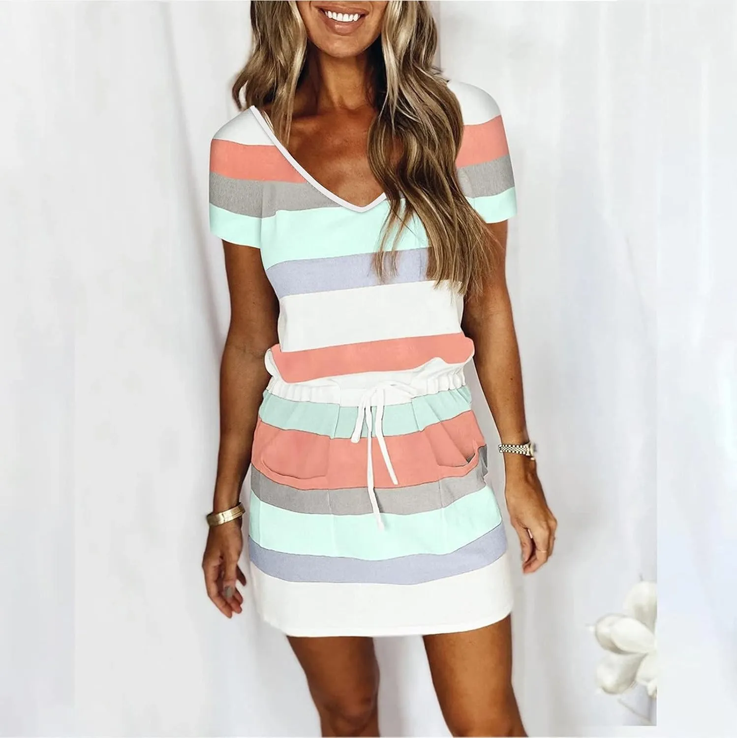 NaRHbrg Womens Summer Casual Midi Dresses Striped Short Sleeve Tshirt Dresses V Neck Drawstring Knee Length Dress with Pocket