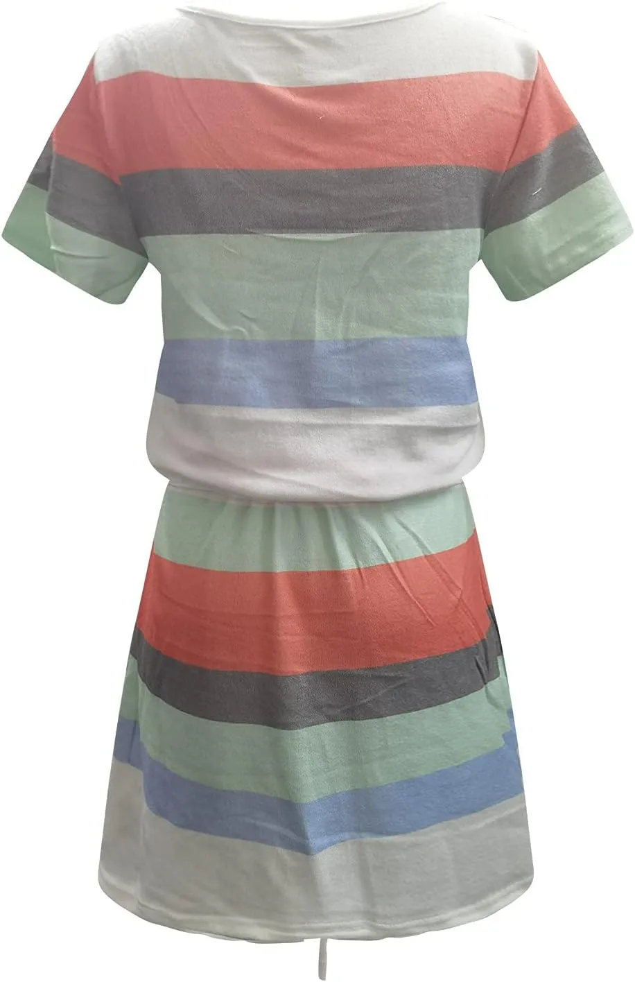 NaRHbrg Womens Summer Casual Midi Dresses Striped Short Sleeve Tshirt Dresses V Neck Drawstring Knee Length Dress with Pocket