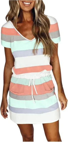 NaRHbrg Womens Summer Casual Midi Dresses Striped Short Sleeve Tshirt Dresses V Neck Drawstring Knee Length Dress with Pocket