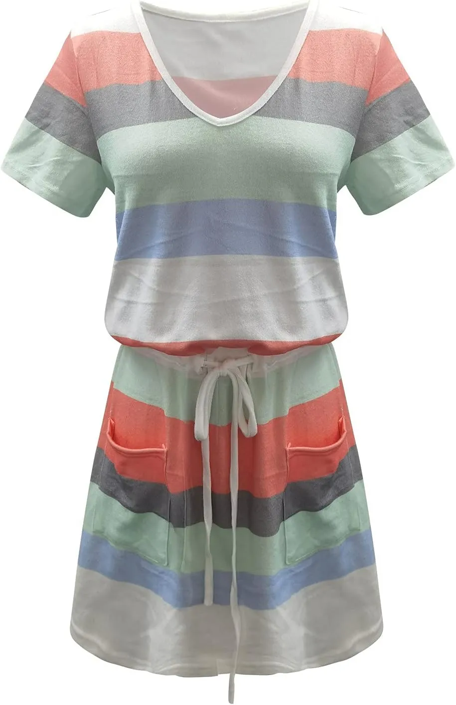NaRHbrg Womens Summer Casual Midi Dresses Striped Short Sleeve Tshirt Dresses V Neck Drawstring Knee Length Dress with Pocket