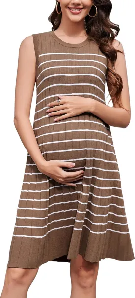 OUGES Women's 2025 Spring Maternity Dress Business Casual Outfits Pleated Sleeveless Crew Neck Ribbed Knit Short Dress
