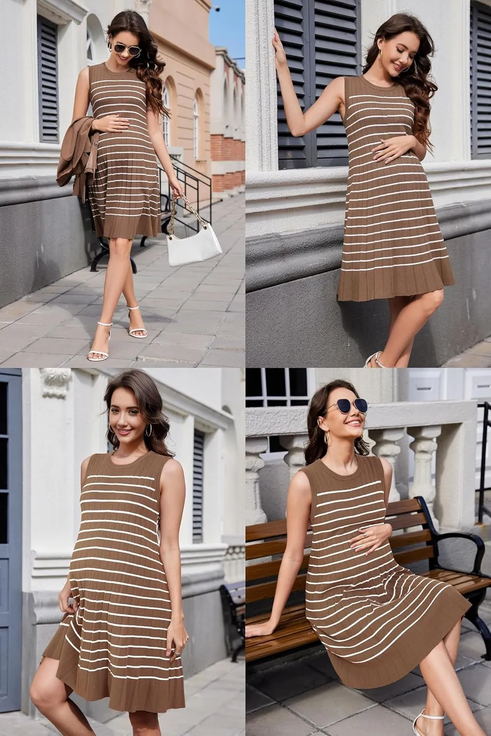 OUGES Women's 2025 Spring Maternity Dress Business Casual Outfits Pleated Sleeveless Crew Neck Ribbed Knit Short Dress