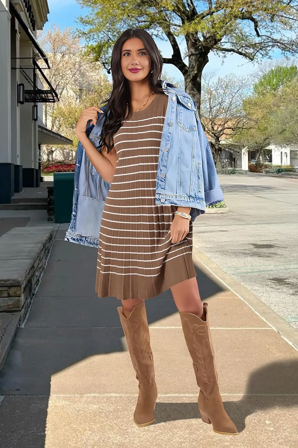 OUGES Women's 2025 Spring Maternity Dress Business Casual Outfits Pleated Sleeveless Crew Neck Ribbed Knit Short Dress
