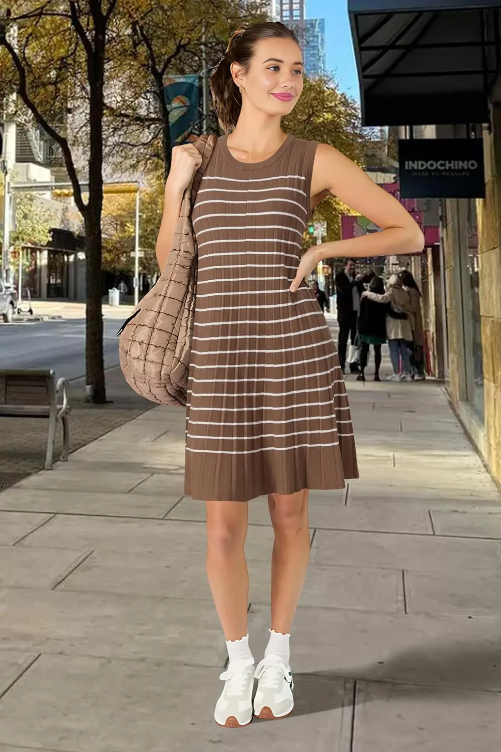 OUGES Women's 2025 Spring Maternity Dress Business Casual Outfits Pleated Sleeveless Crew Neck Ribbed Knit Short Dress