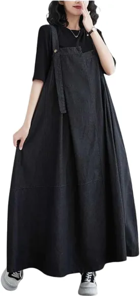 Overall Dress for Women Jean Boho Denim Overalls Skirt Jumper Pinafore Dresses Wide Hem Adjustable Straps Loose