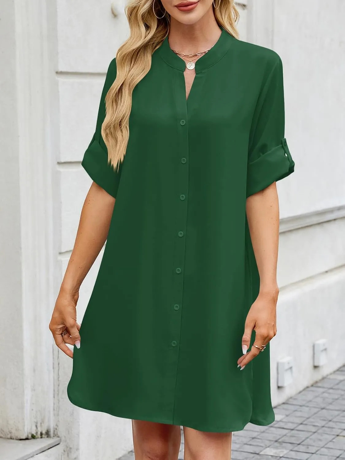 PerZeal Womens Sexy V Neck Button Down Shirt Dresses Summer Short Sleeve Casual Loose Blouses & Button-Down Shifts Cover Ups