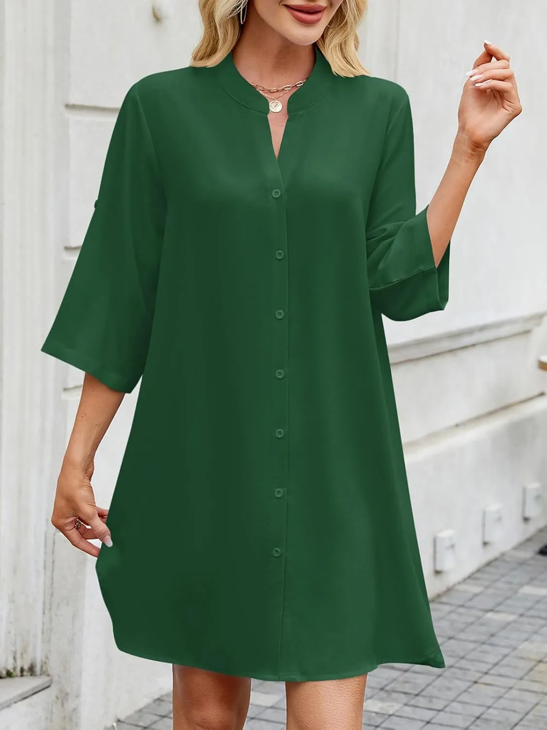 PerZeal Womens Sexy V Neck Button Down Shirt Dresses Summer Short Sleeve Casual Loose Blouses & Button-Down Shifts Cover Ups