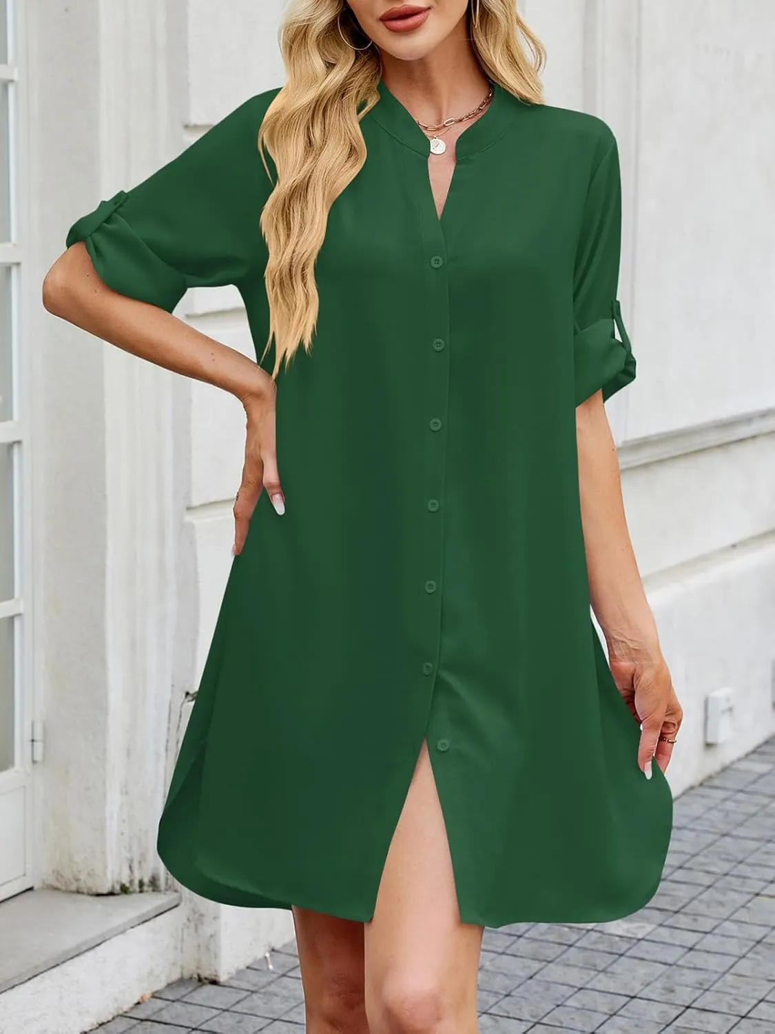 PerZeal Womens Sexy V Neck Button Down Shirt Dresses Summer Short Sleeve Casual Loose Blouses & Button-Down Shifts Cover Ups