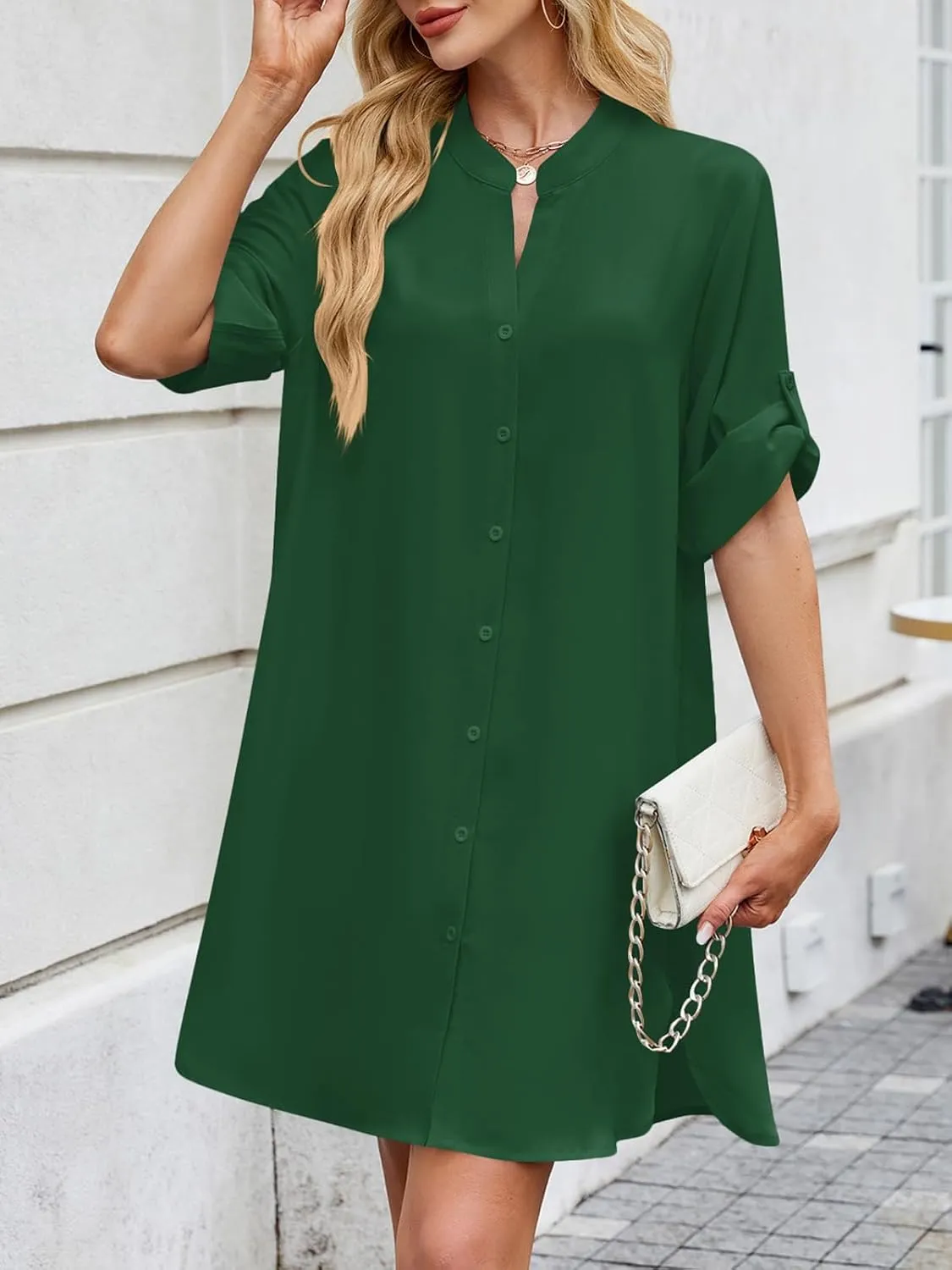 PerZeal Womens Sexy V Neck Button Down Shirt Dresses Summer Short Sleeve Casual Loose Blouses & Button-Down Shifts Cover Ups