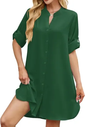 PerZeal Womens Sexy V Neck Button Down Shirt Dresses Summer Short Sleeve Casual Loose Blouses & Button-Down Shifts Cover Ups