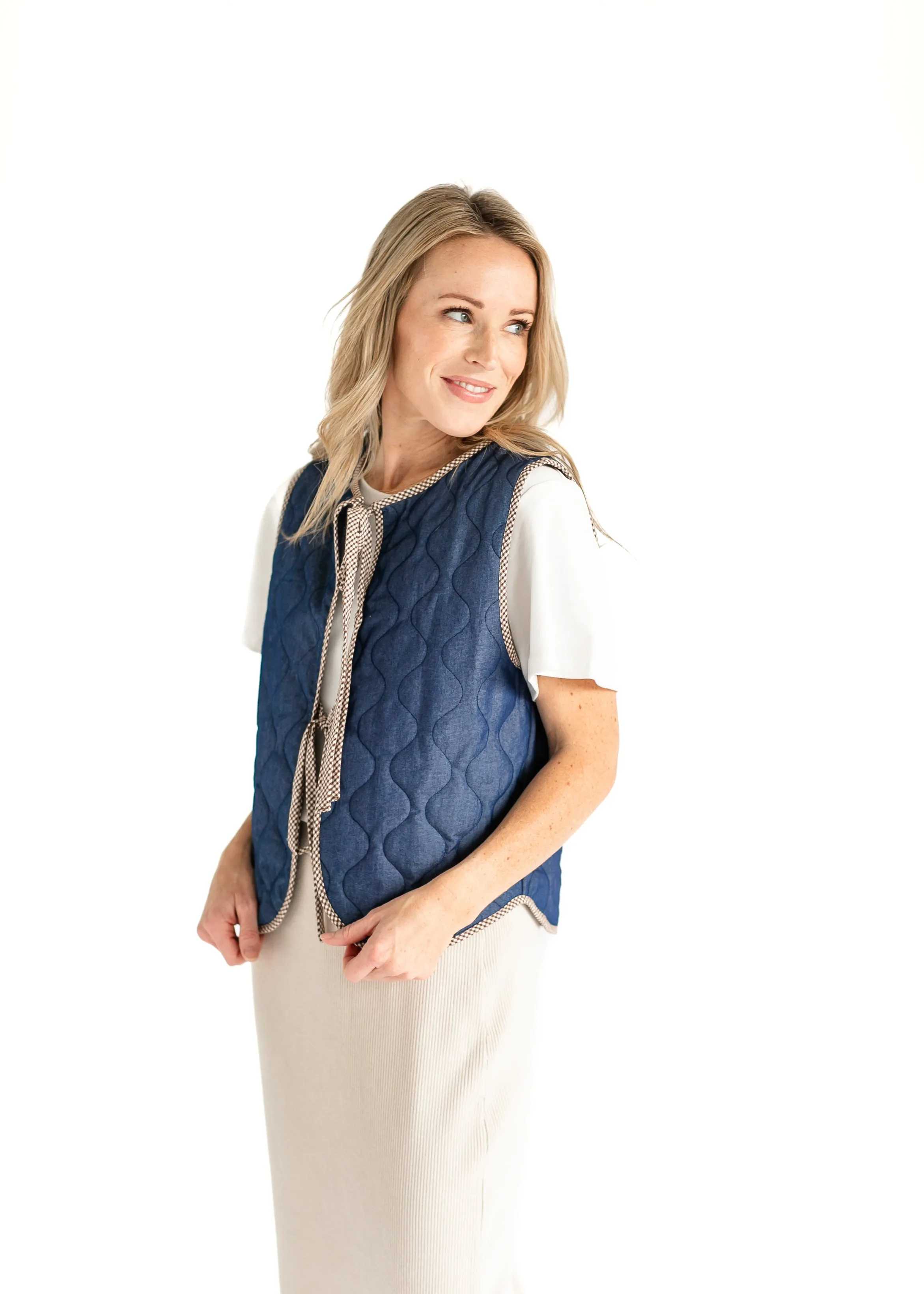 Quilted Front Tie Dark Denim Vest