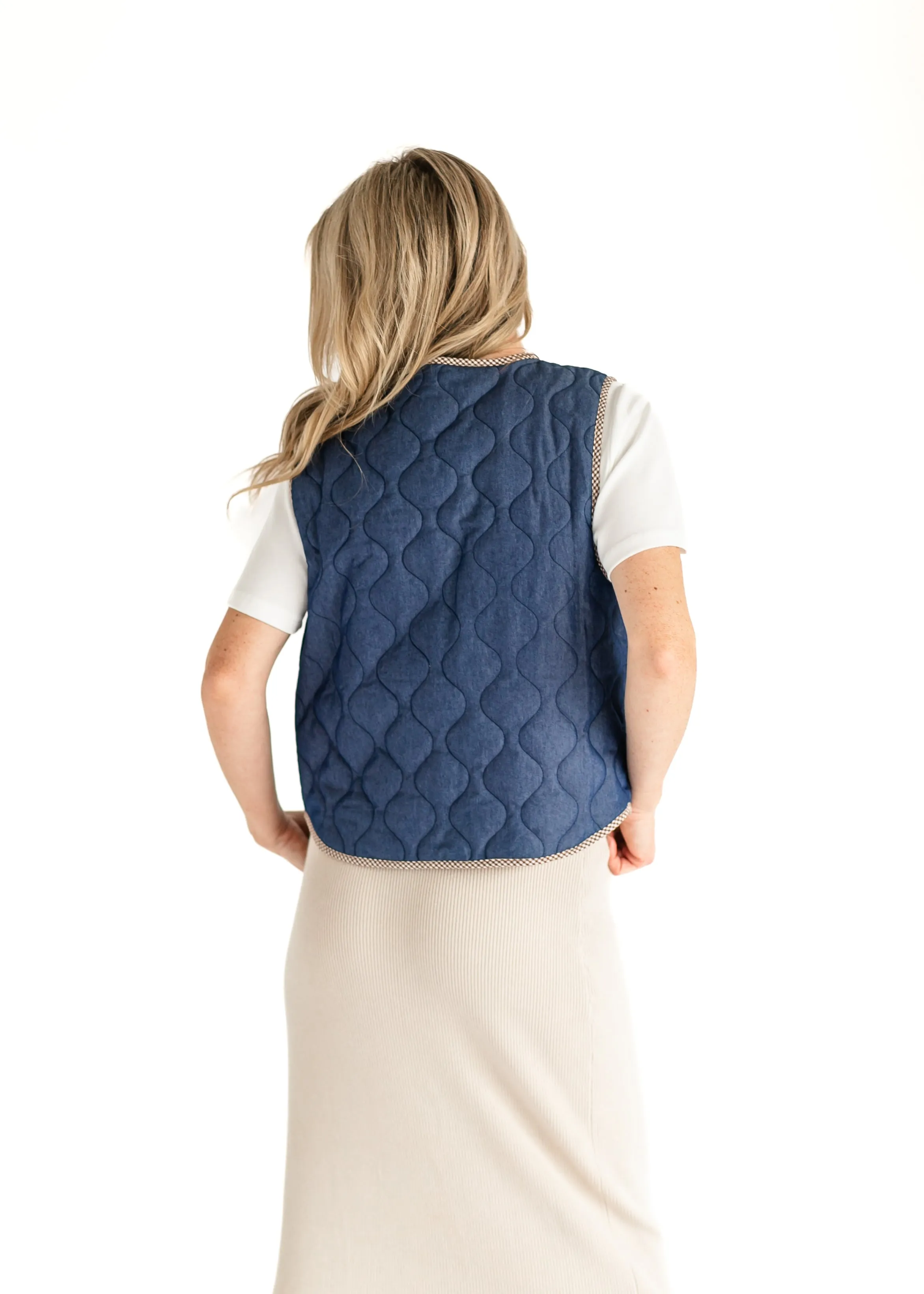 Quilted Front Tie Dark Denim Vest
