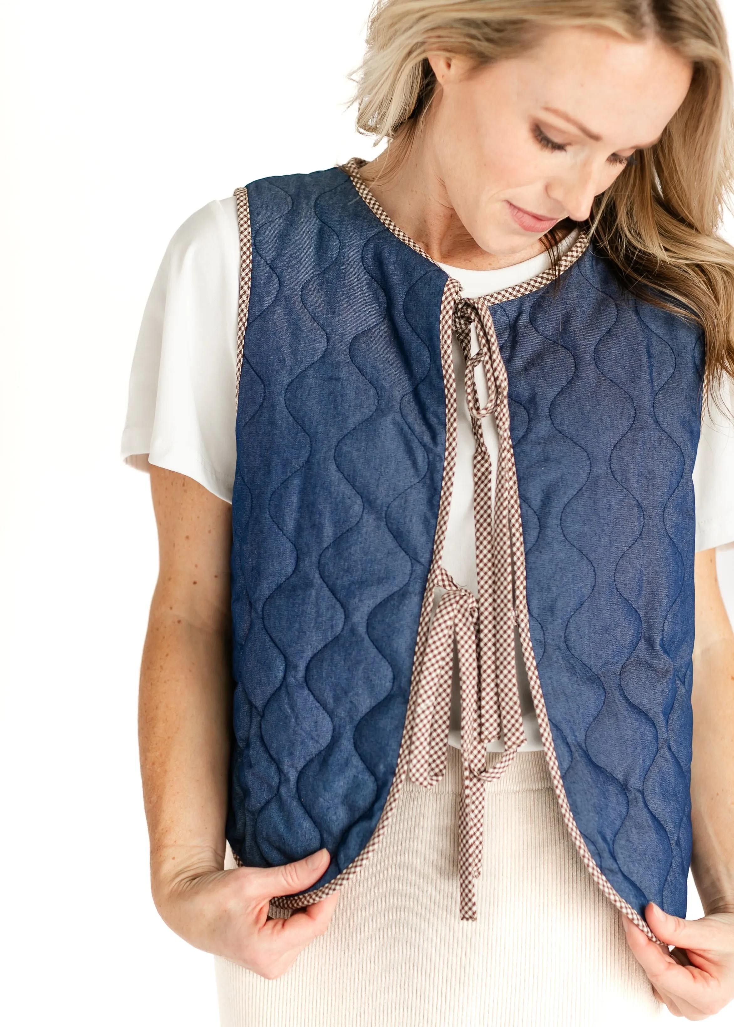 Quilted Front Tie Dark Denim Vest