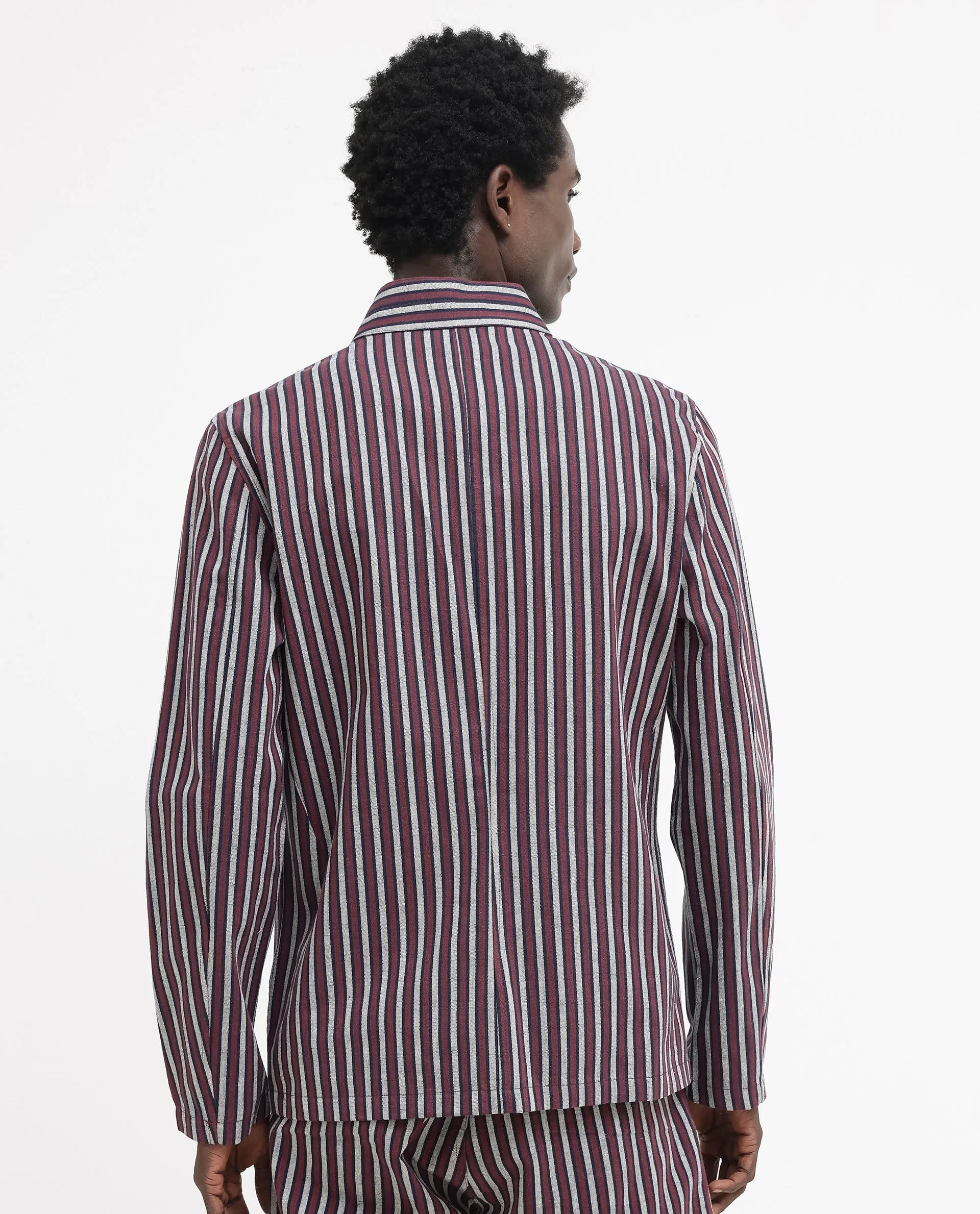 Rare Rabbit Mens Kimon Maroon Cotton Linen Fabric Full Sleeve Mandarin Collar Stripe Jacket