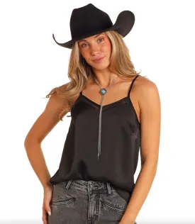 Rock & Roll Women's Black Mesh Insert Spaghetti Strap Tank Top BW20T05281