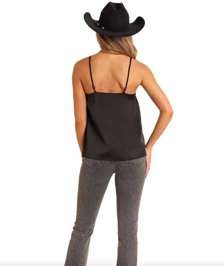 Rock & Roll Women's Black Mesh Insert Spaghetti Strap Tank Top BW20T05281