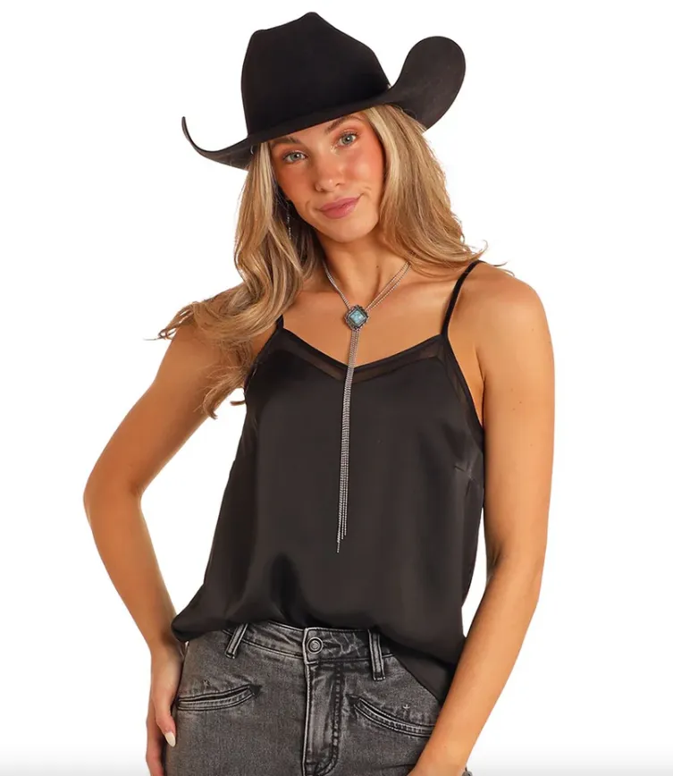 Rock & Roll Women's Black Mesh Insert Spaghetti Strap Tank Top BW20T05281