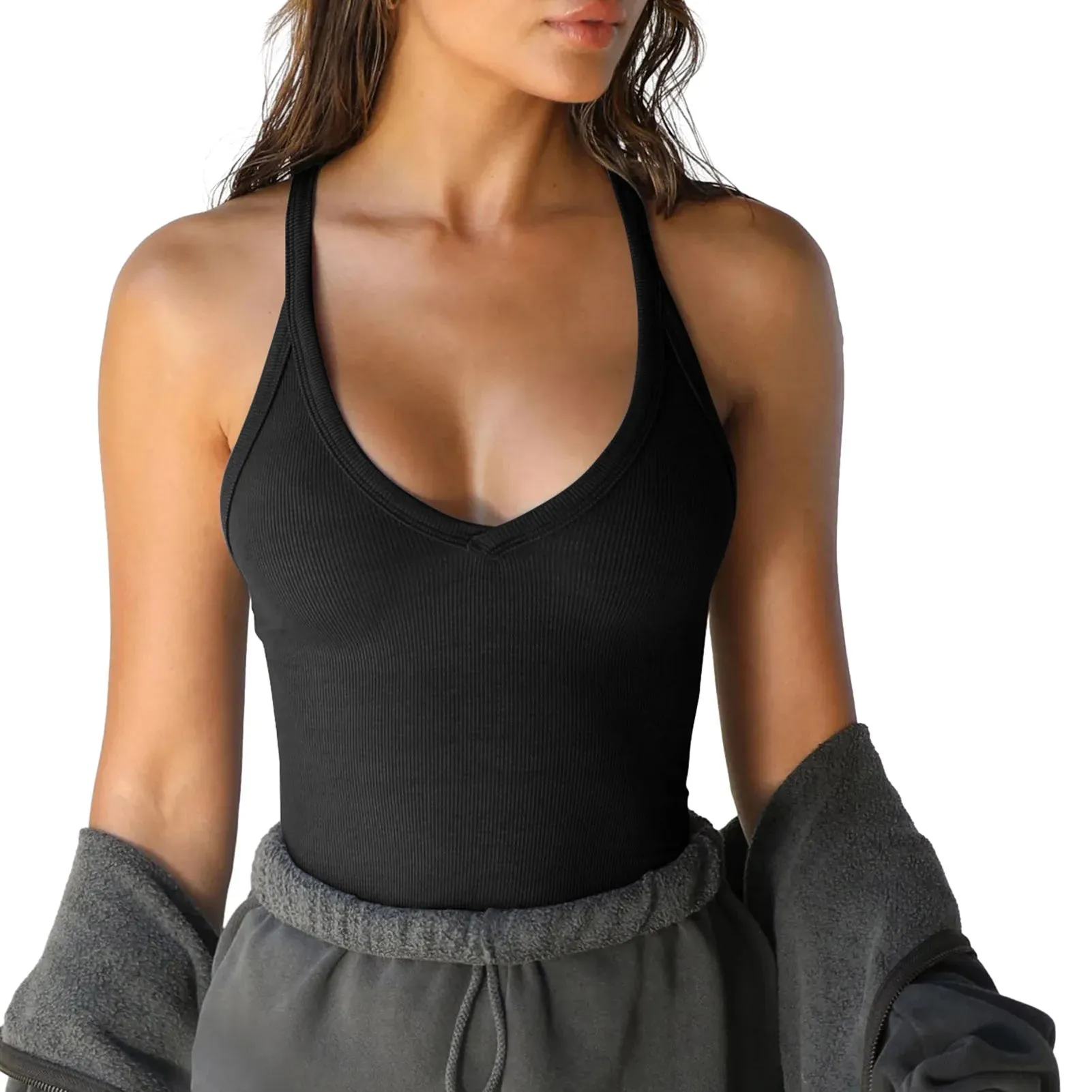 Sexy Women's Sleeveless Knitted Slim Vest - Low Cut Solid Color Sports Tank Top