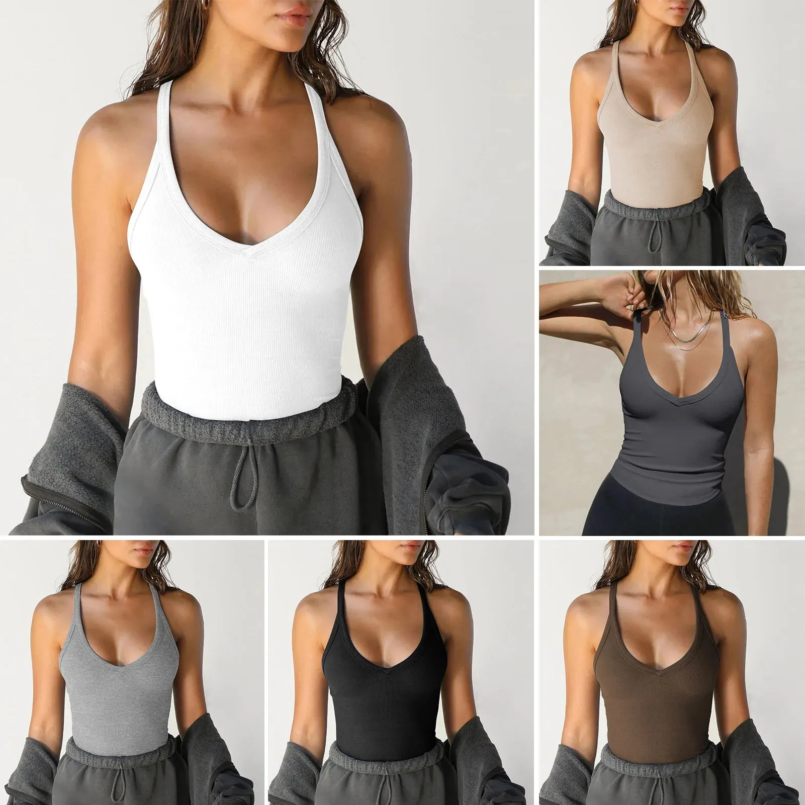 Sexy Women's Sleeveless Knitted Slim Vest - Low Cut Solid Color Sports Tank Top