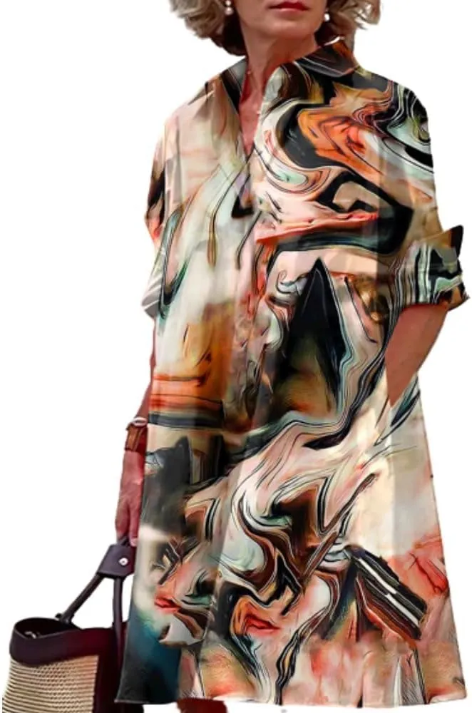 Shirt Dress for Women Casual Print Linen T Shirt Dress Summer V Neck Loose Long Sleeve Button Maxi Collared Dress