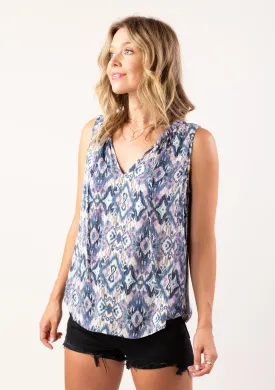 Sleeveless Split Neck Geo Print Top