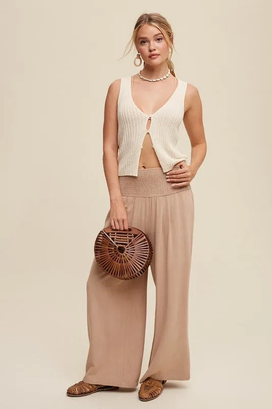Smocked Waist Wide Leg Linen Pants Taupe