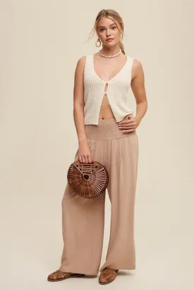 Smocked Waist Wide Leg Linen Pants Taupe